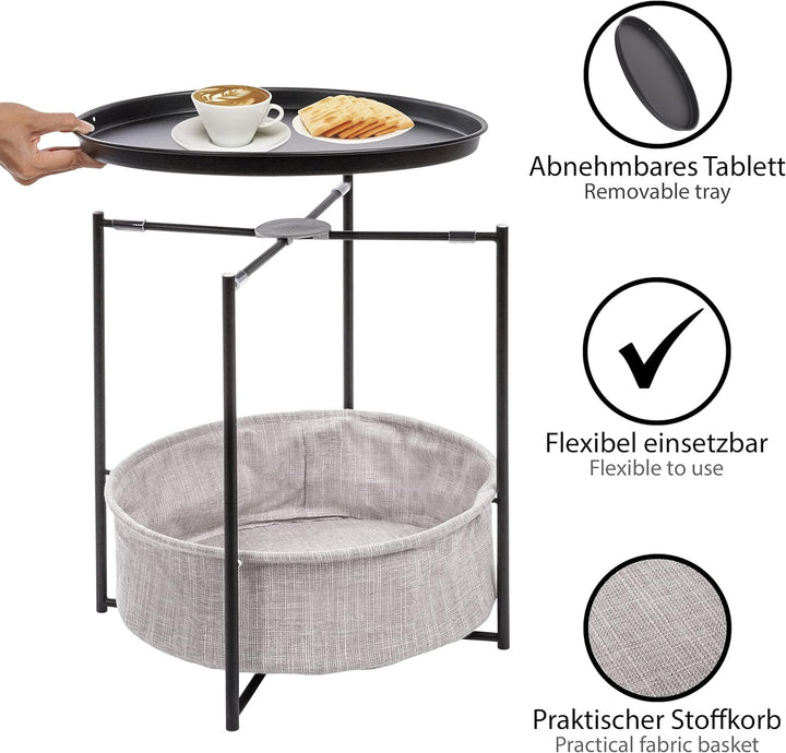 ONVAYA® Beistelltisch Linda rund | Schwarz | Couchtisch mit Korb &amp; Tablett | aus Metall | für Wohnzi
