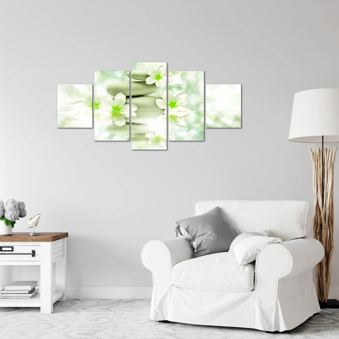 Runa Art Wandbilder Blumen Feng Shui 5 Teilig Bild auf Vlies Leinwand Deko Wohnzimmer Steine Zen Grü