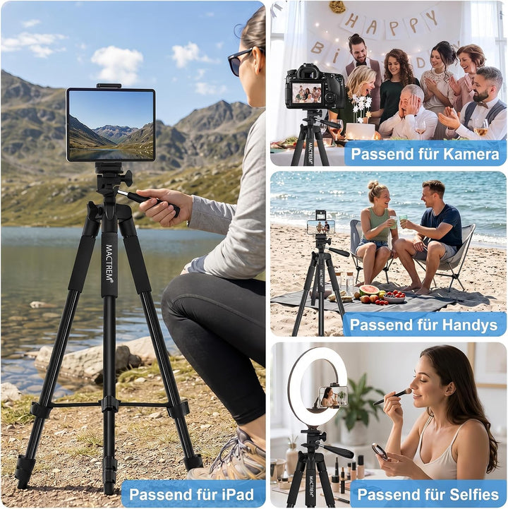 Handy Stativ, 2024 Upgrade 165cm / 65" Kamera Stativ für Smartphone iPad, 360° Drehung Tragbar Tripo