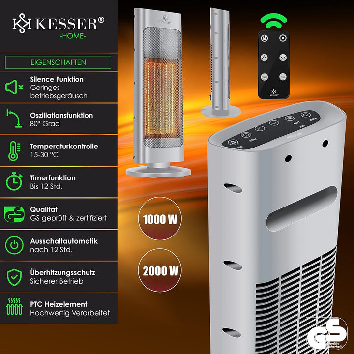 KESSER® Heizlüfter mit Fernbedienung energiesparend leise 2000W Keramik Heizstrahler Standheizstrahl
