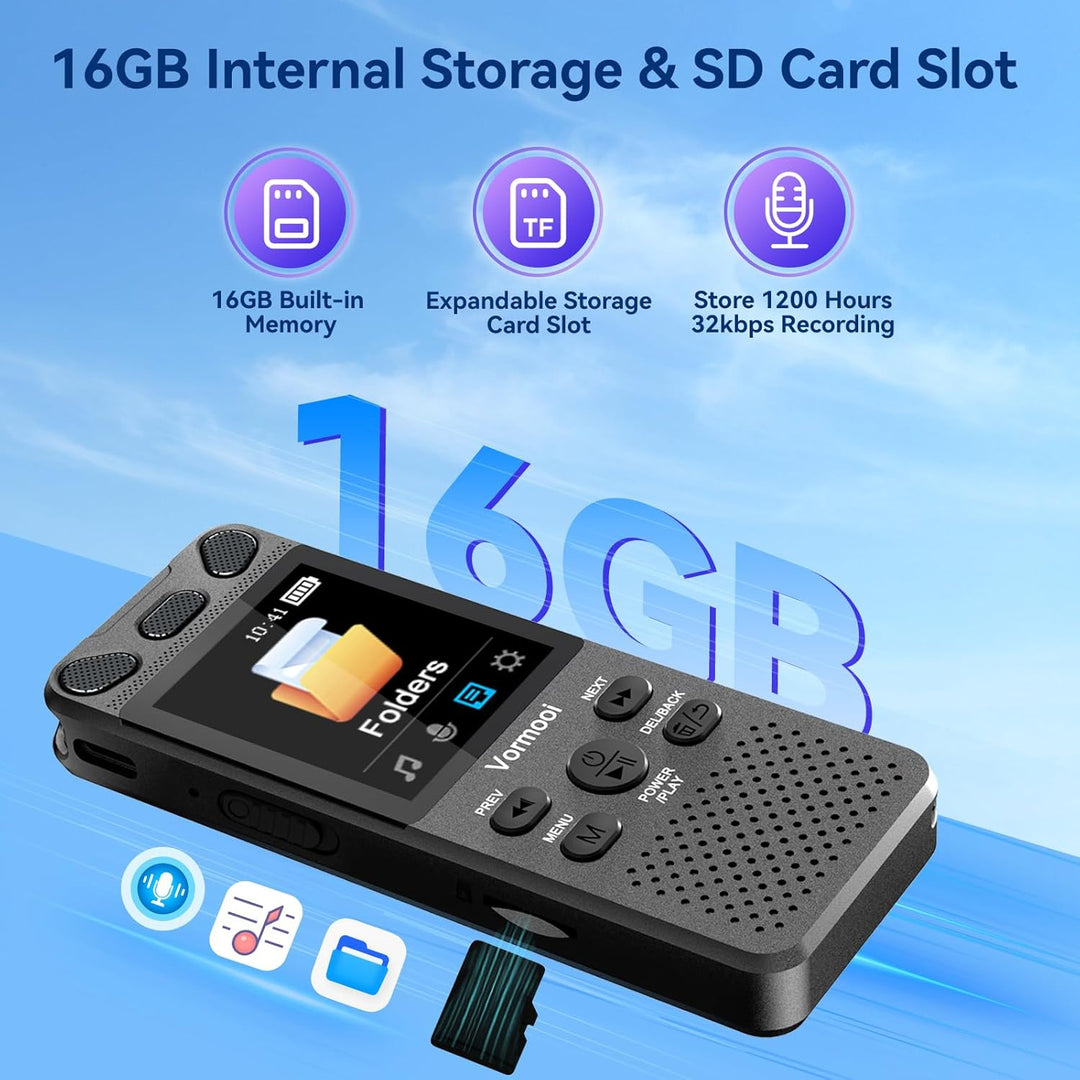 16GB Diktiergerät Digitales 110 Std Aufnahmegerät mit Externes Mikrofon, Vormooi 2,15" Farbbildschir