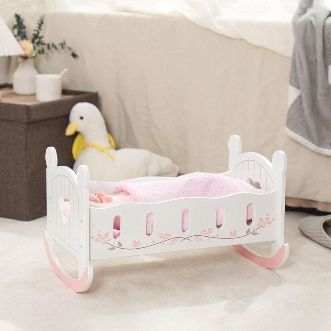 ROBUD Puppenwiege aus Holz, Puppenbett, Weiss, Wiegebett für Puppen, inklusive Bettwäsche，18 Zoll