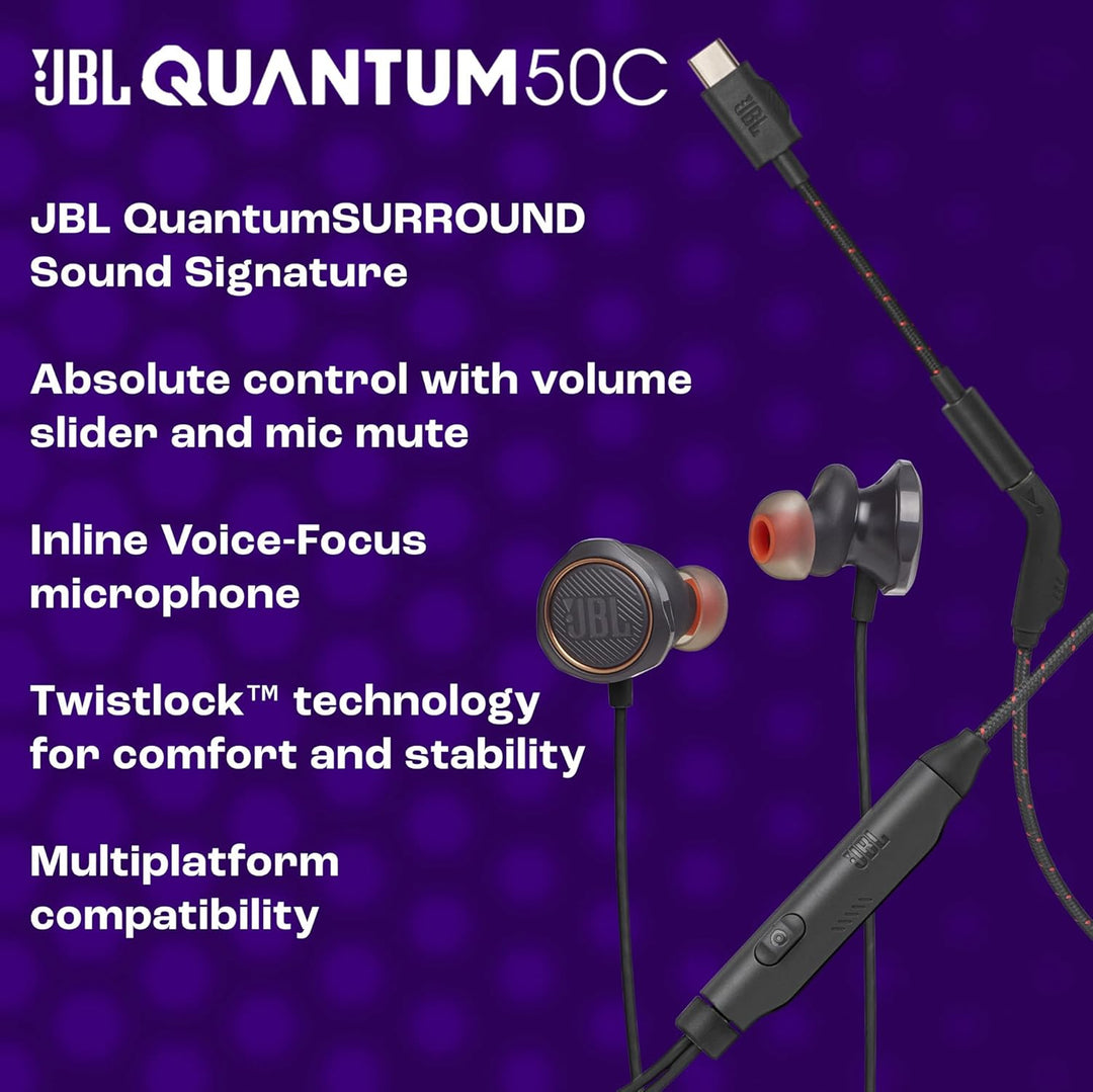 JBL Quantum 50C, kabelgebundenes In-Ear-USB-C-Gaming-Headset mit JBL QuantumSURROUND Sound, Multi-Pl