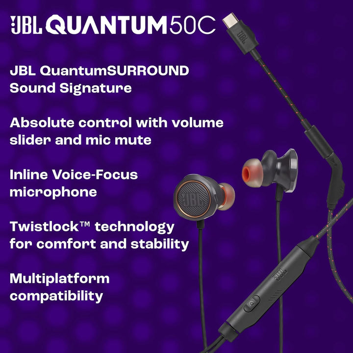JBL Quantum 50C, kabelgebundenes In-Ear-USB-C-Gaming-Headset mit JBL QuantumSURROUND Sound, Multi-Pl