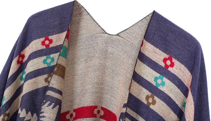 Urban GoCo Damen Poncho Stola Bohe Quaste Schal #1 Navy Blau, #1 Navy Blau