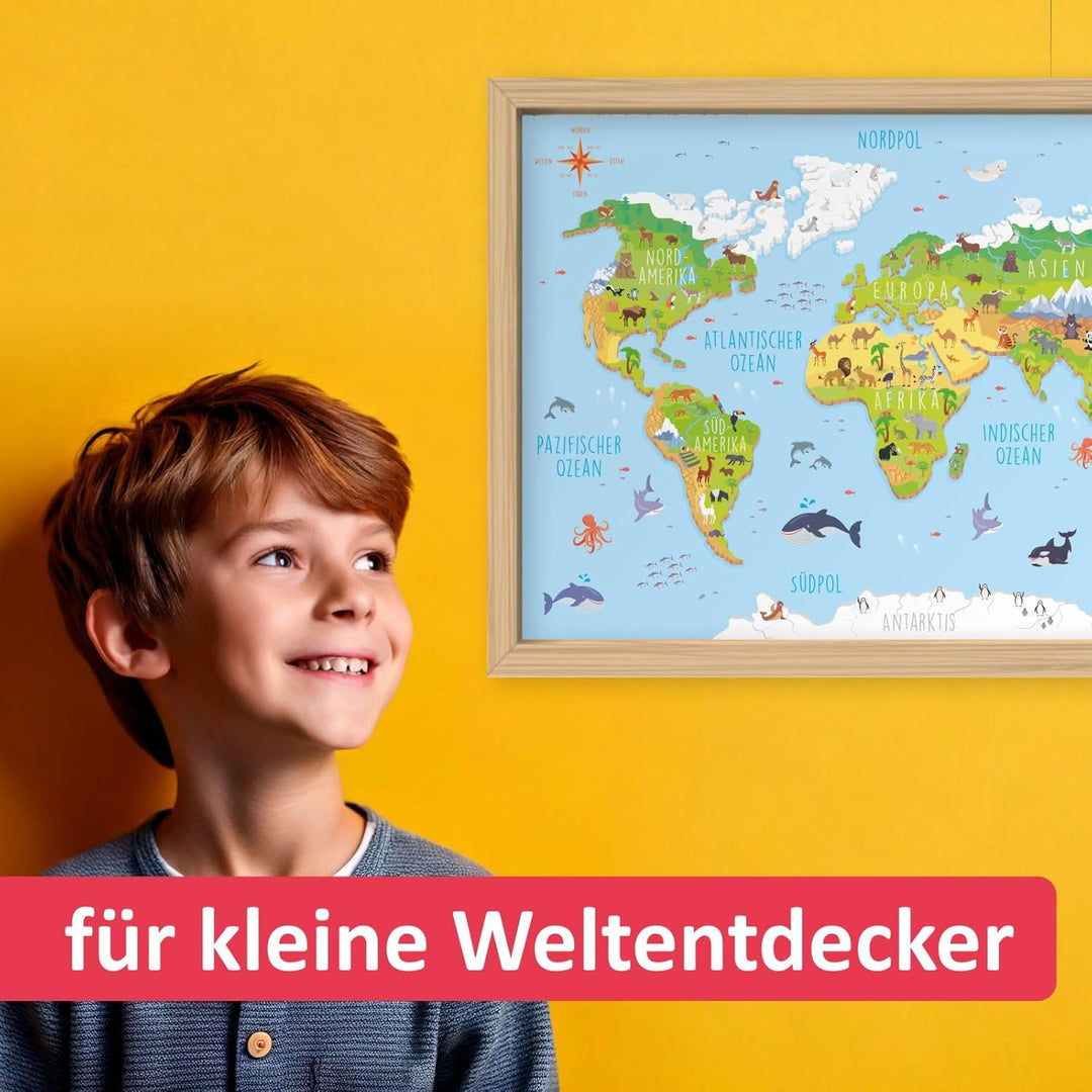 nikima - Kinder Weltkarte 3D in 3 Grössen A3/ A2/ A1 Poster Plakat Tiere Erde Wandbild Kinderzimmer