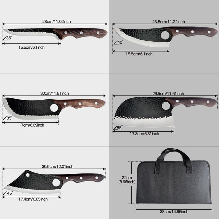Metzgermesser-Set 5-teilig, Handgeschmiedetes Messerset, Serbisches Kochmesser, Wikinger-Ausbeinmess