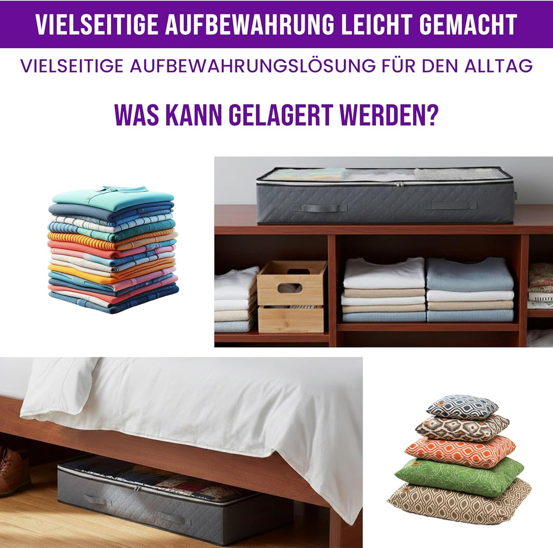 Unterbett Aufbewahrungsbox 90L (4er Set) mit ZUSÄTZLICHEN Schuhbeuteln – Faltbare Unterbett Aufbewah