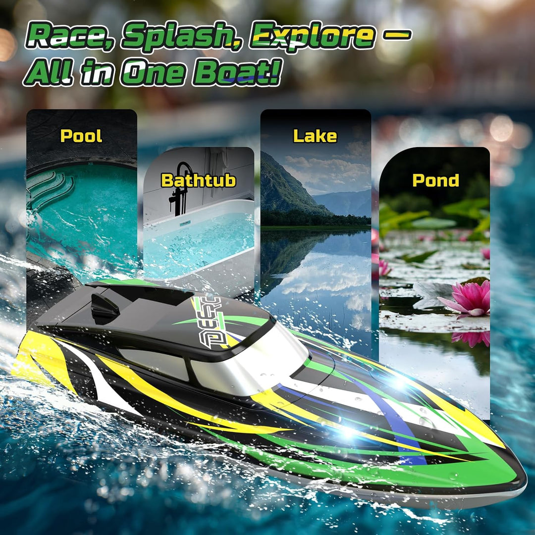 DEERC RC-Boot mit LED-Beleuchtung, 30 km/h schnelles ferngesteuertes Rennboot, selbstaufrichtend, 2