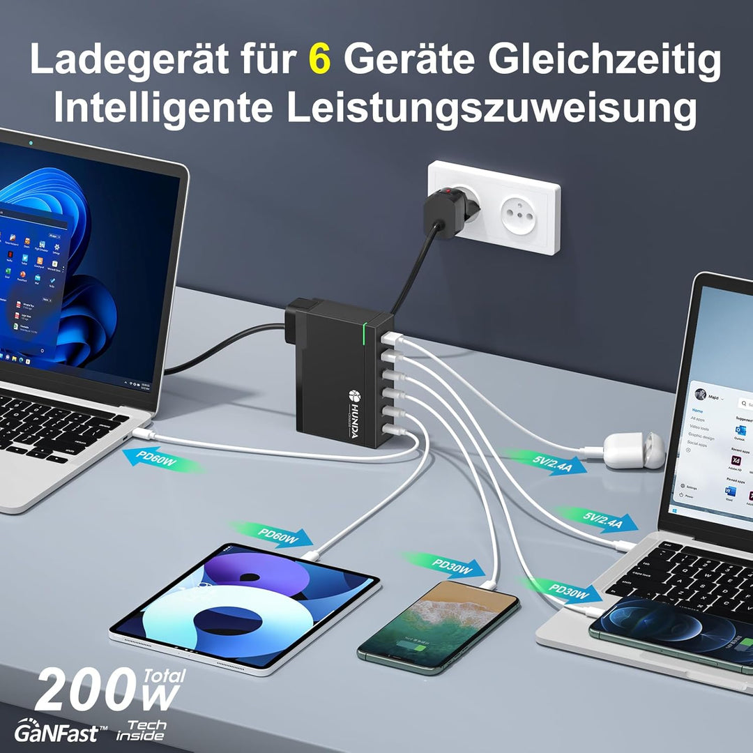 200W USB C Ladegerät,HUNDA GaN LadegerätUSB C 6 Ports,USB C Schnellladegerät Unterstützt 100W PD3.0
