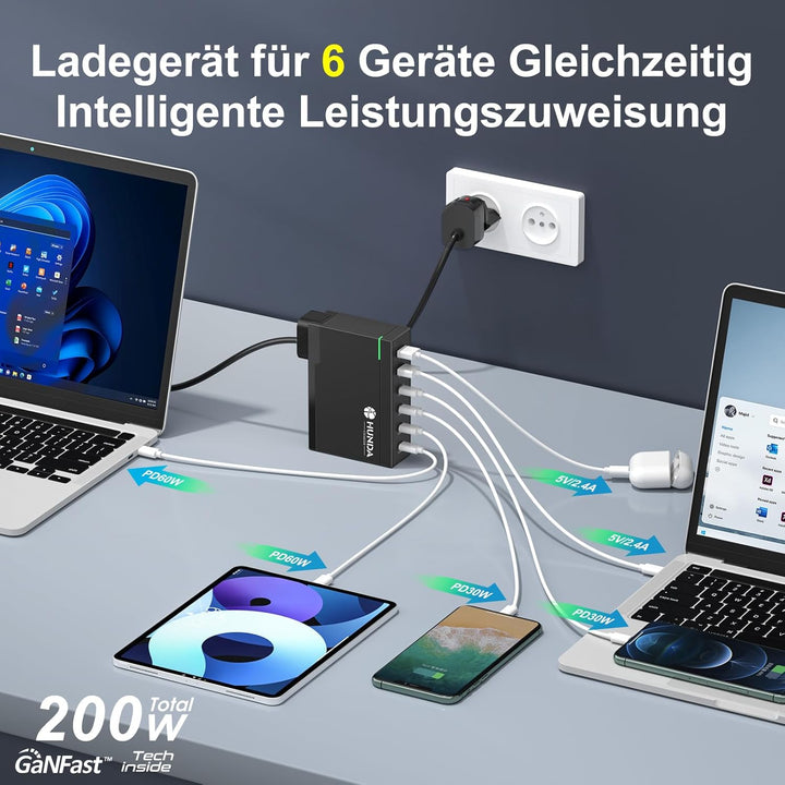 200W USB C Ladegerät,HUNDA GaN LadegerätUSB C 6 Ports,USB C Schnellladegerät Unterstützt 100W PD3.0