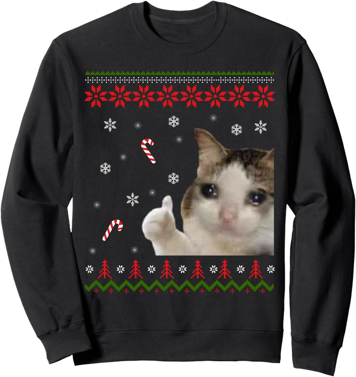 Traurige Katze Daumen hoch Meme Ugly Christmas Sweatshirt