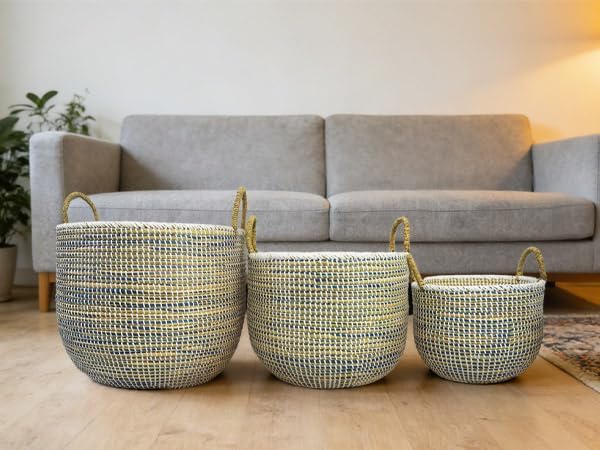 3-teilig Handgefertigter Seegras Aufbewahrungskorb-Set aus Vietnam, 31.5L/17.4L/8.4L, Wäschekorb mit