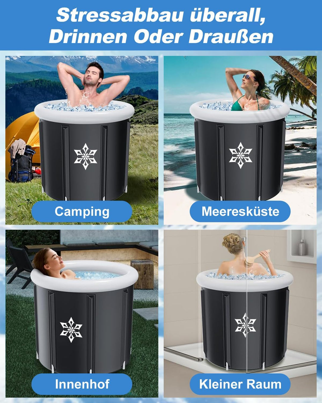 Eisbad Tonne mit Kühlsystem (80 cm Ø) XL, Eistonne Eisbaden mit 8 Edelstahlstangen, Sporttasche/Hitz