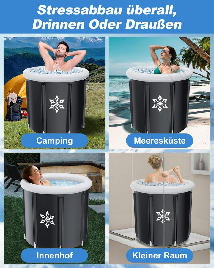 Eisbad Tonne mit Kühlsystem (80 cm Ø) XL, Eistonne Eisbaden mit 8 Edelstahlstangen, Sporttasche/Hitz