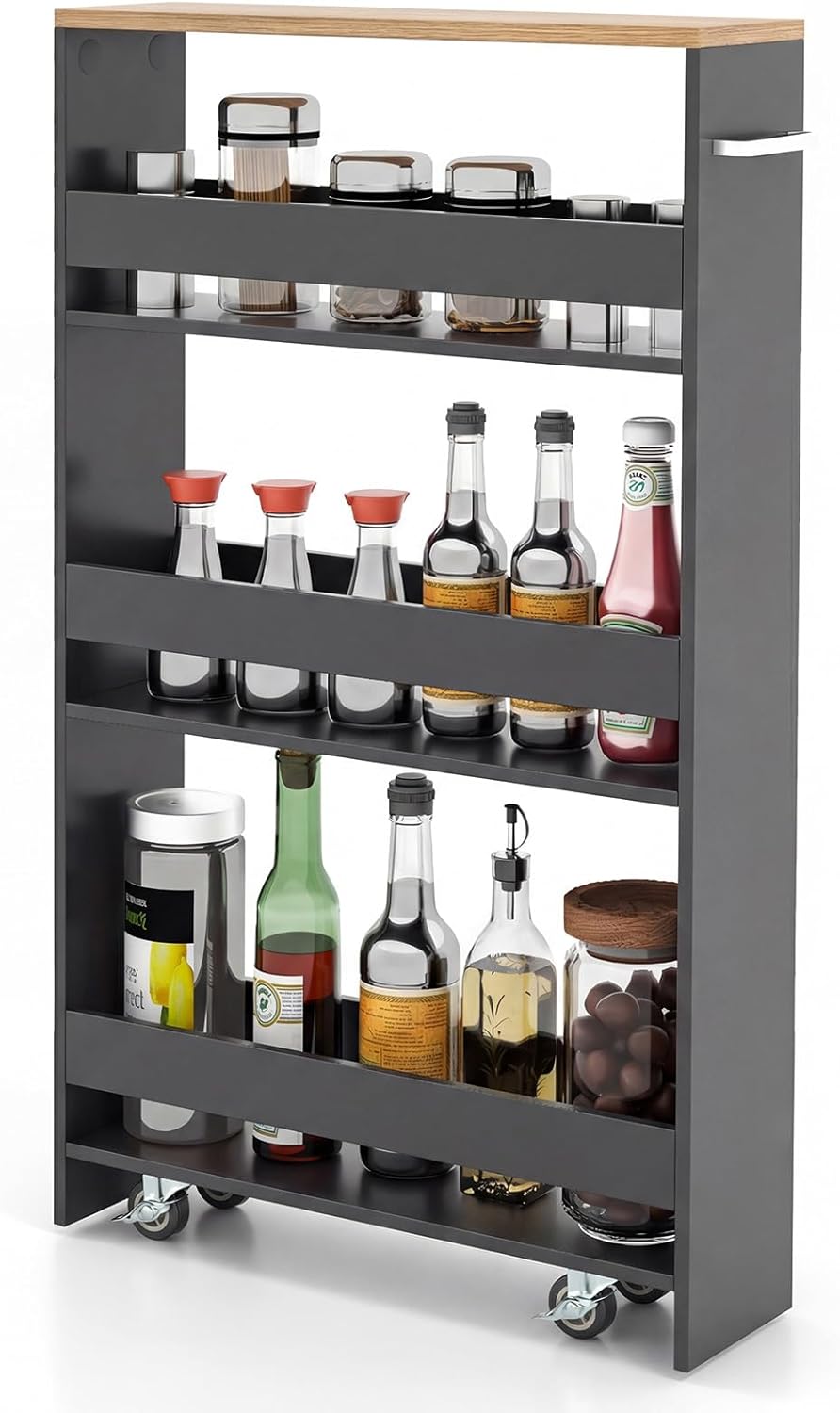 COSTWAY Nischenwagen 13cm breit, Nischenregal Badregal 4 Etagen, Nischenschrank auf Rollen, Servierw