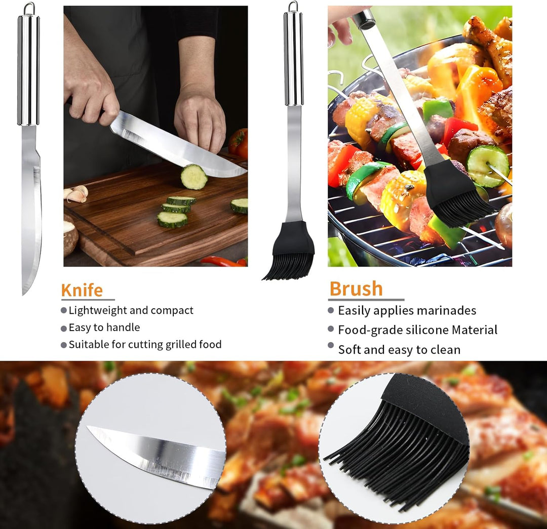 Grillbesteck-Set 11-TLG. 34 cm, Edelstahl, Grillzubehör mit Grillzange, Grillgabel, Tragbare Grillko