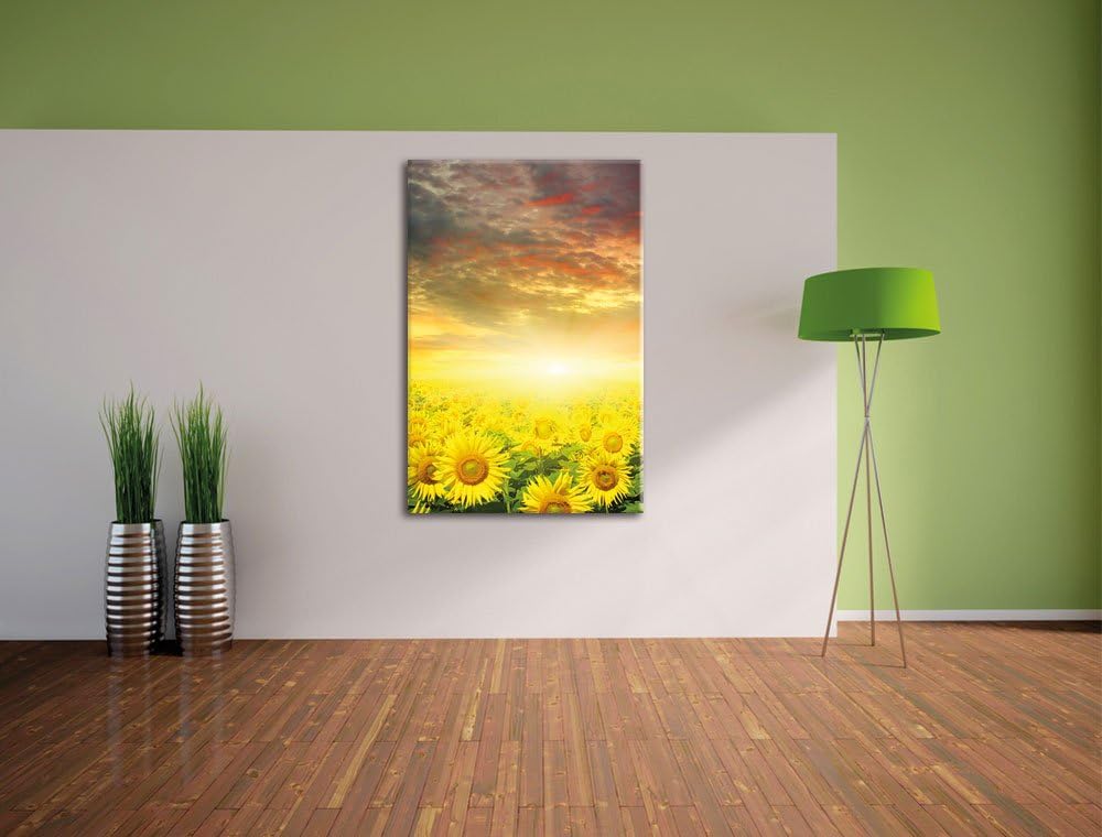 Sonnenblumenfeld, Format: 100x70 auf Leinwand, XXL riesige Bilder fertig gerahmt mit Keilrahmen, Kun