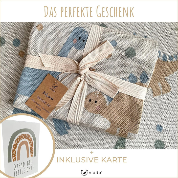 nidito Hochwertige Bio Babydecke Baumwolle Beige Dino - 100% GOTS Bio-Baumwolle - 80x100 cm - herrli