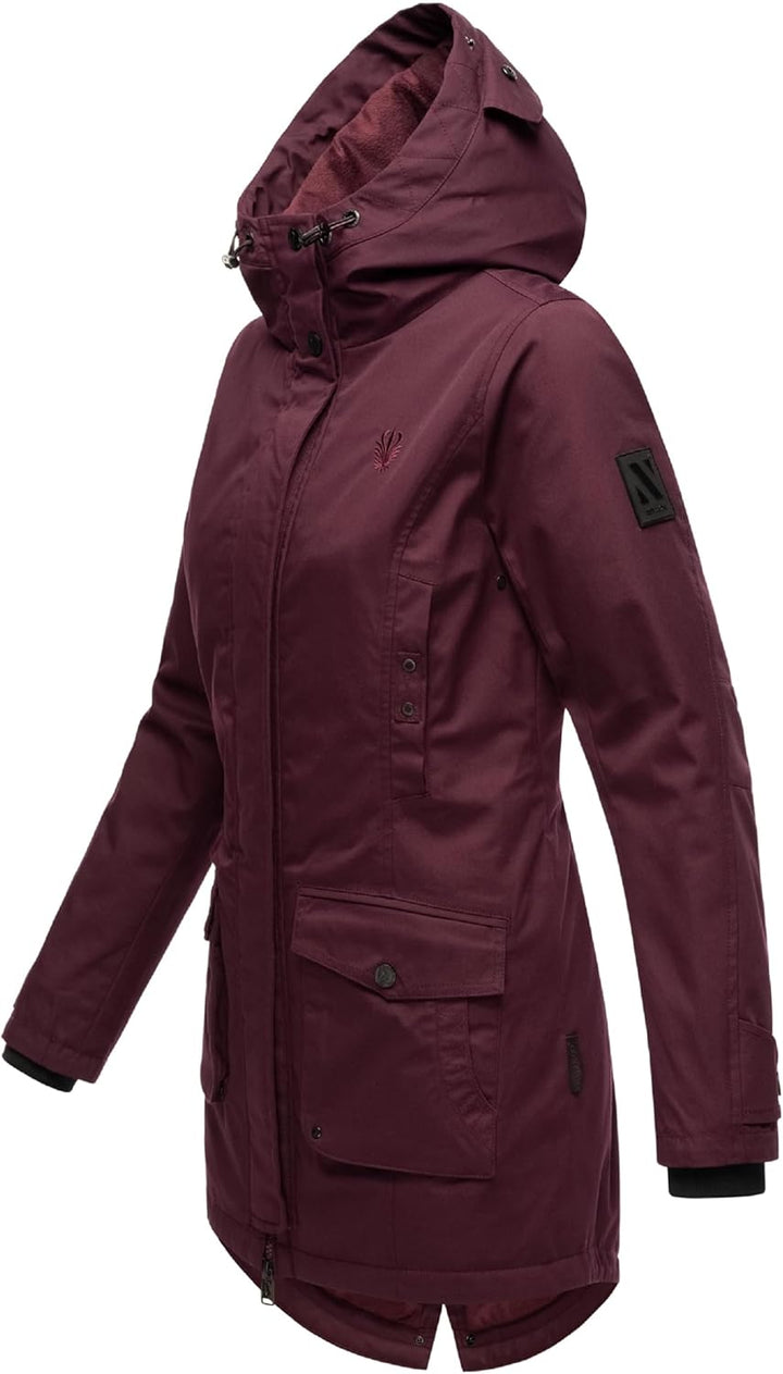 Navahoo Damen Übergangsjacke Warmer Kurzmantel Regenjacke mit Kapuze Brinjaa XS-XXL S Wine, S Wine