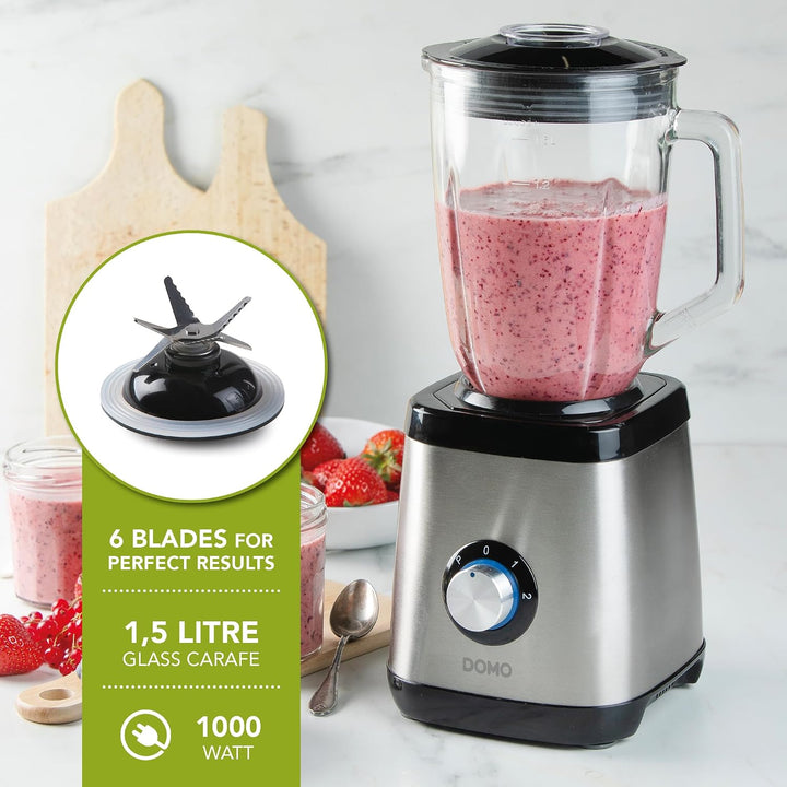 DOMO DO1133BL Standmixer Edelstahl - Geeignet zum Mixen, Blenden, Zerkleinern und Eis crushen - Puls