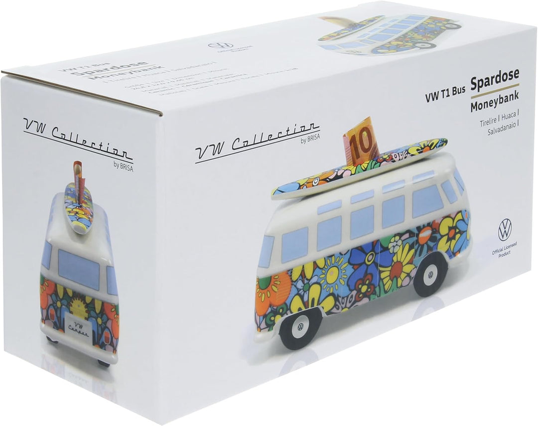BRISA VW Collection - Volkswagen Spar-Büchse-Schwein-Dose mit Surfbrett im T1 Bulli Bus Samba Design
