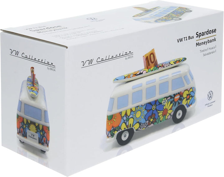 BRISA VW Collection - Volkswagen Spar-Büchse-Schwein-Dose mit Surfbrett im T1 Bulli Bus Samba Design
