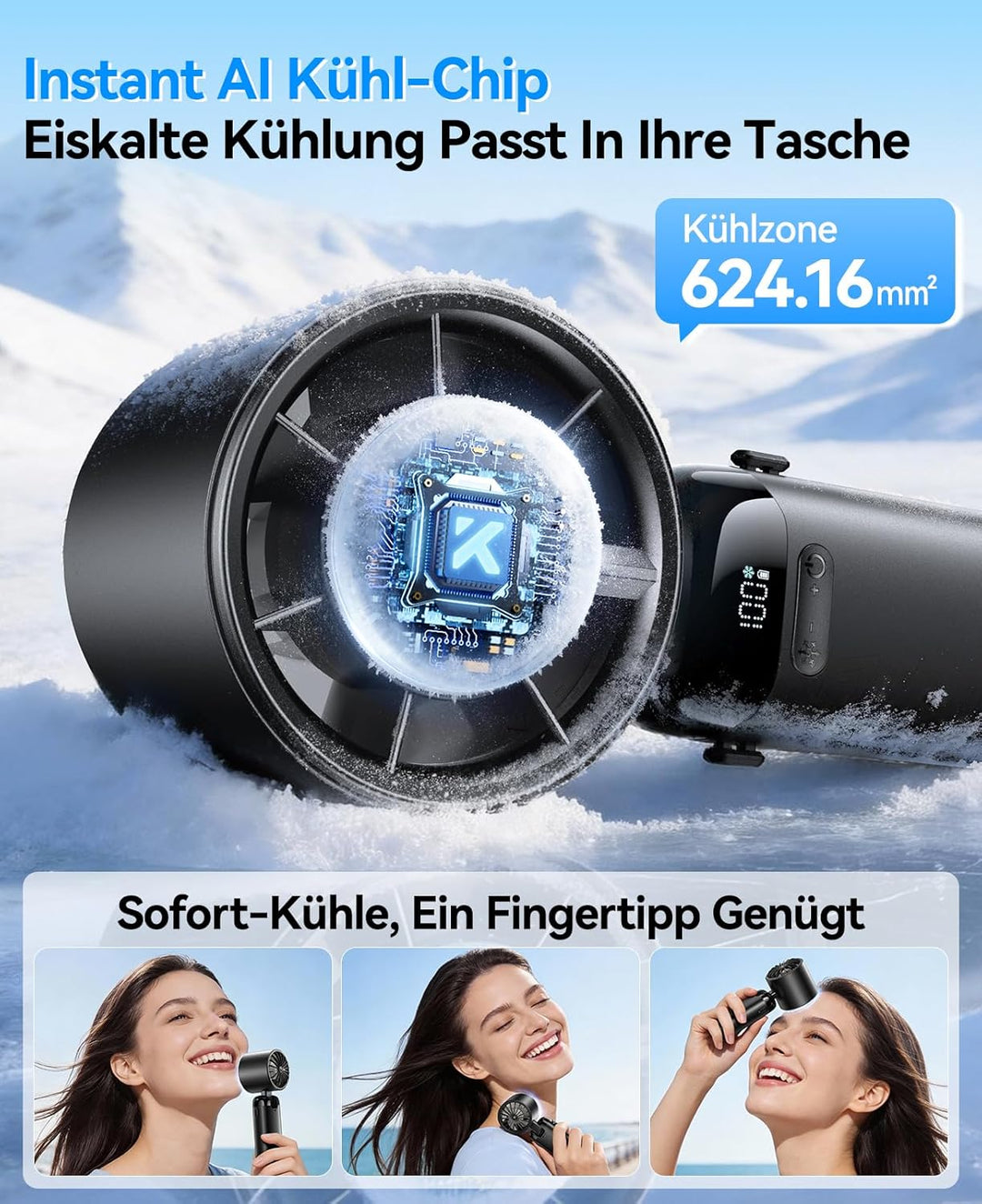 KIMMOO Handventilator mit Eiskühlung, 21000 U/min, 199 Stufen, bis zu 14h Akku, Wiederaufladbar, 3-i