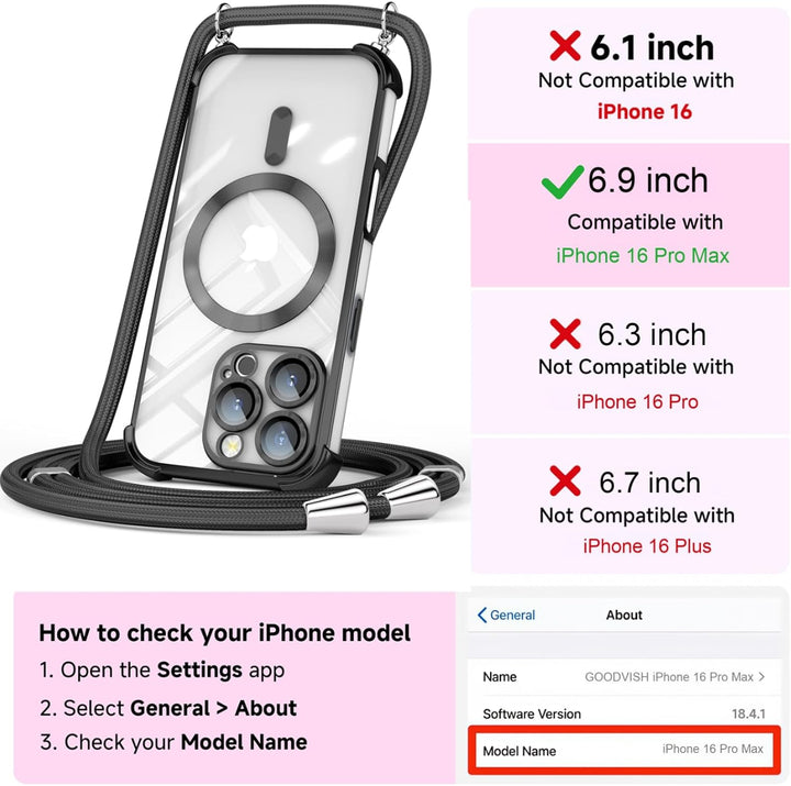 GOODVISH Handykette für iPhone 16 Pro Max Hülle mit Band, mit 2 Stück Schutzfolie, Necklace Handyhül