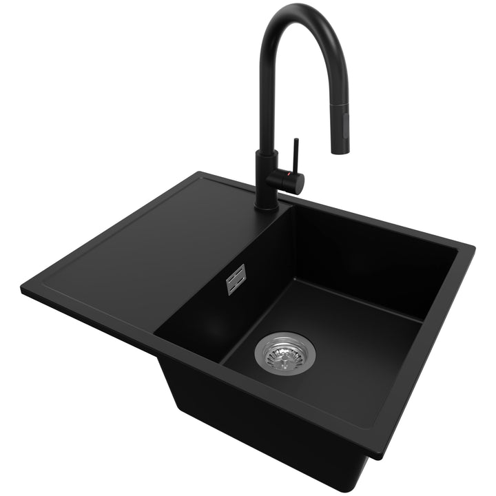 Granitspüle Schwarz 62x50 cm, Spülbecken + Ablauf-Set + Küchenarmatur 9050, Küchenspüle für 45er Unt