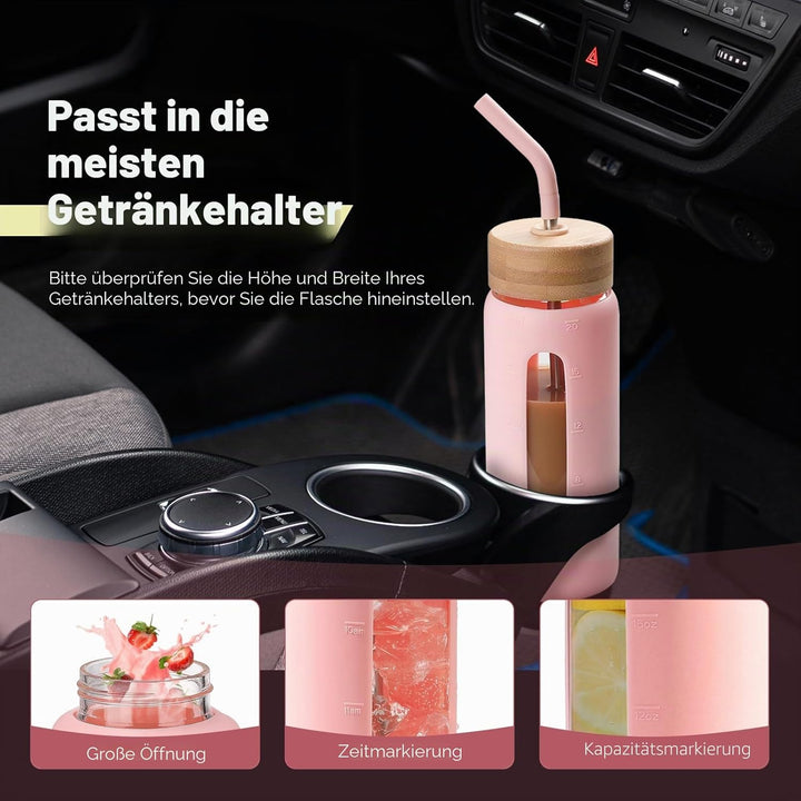 BLUEGO 700ml Glaswasserflasche mit Strohhalm und 2 Deckeln Kaffeetasse aus Glas mit Zeitmarkierung u