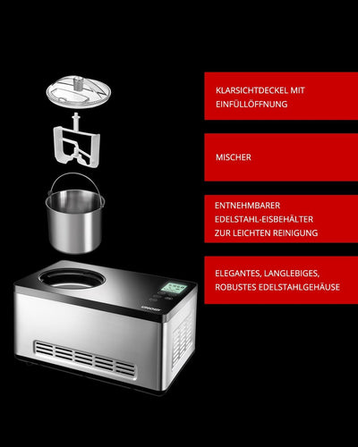 UNOLD 48845 Eismaschine Gusto mit selbstkühlendem Kompressor, 2 L Volumen, elegantes Edelstahlgehäus