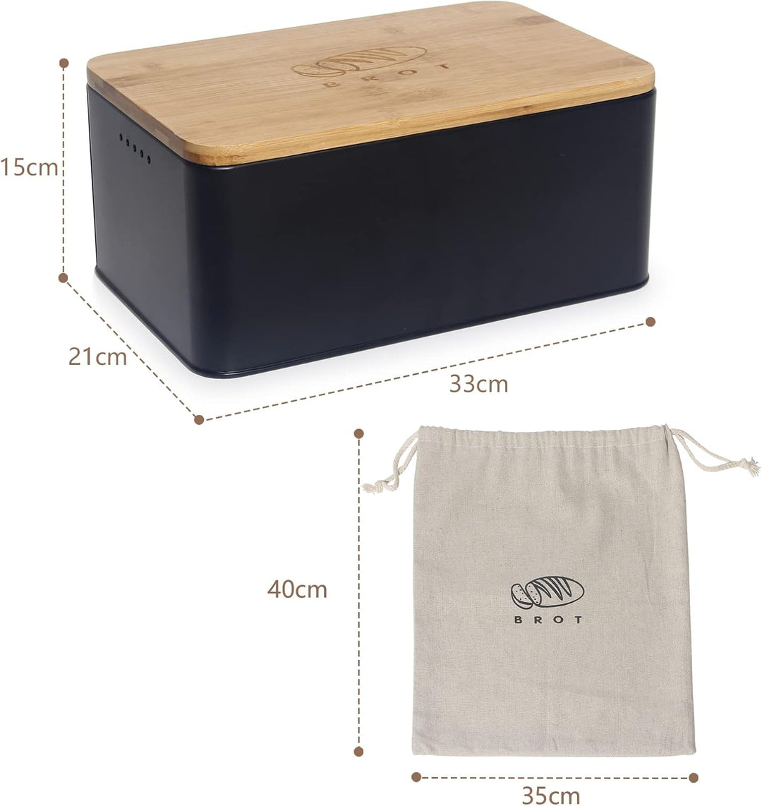 Theo&Cleo Brotkasten mit Schneidebrett , 33x21x15cm , Matte Brotbox mit Bambusdeckel und Leinen Brot