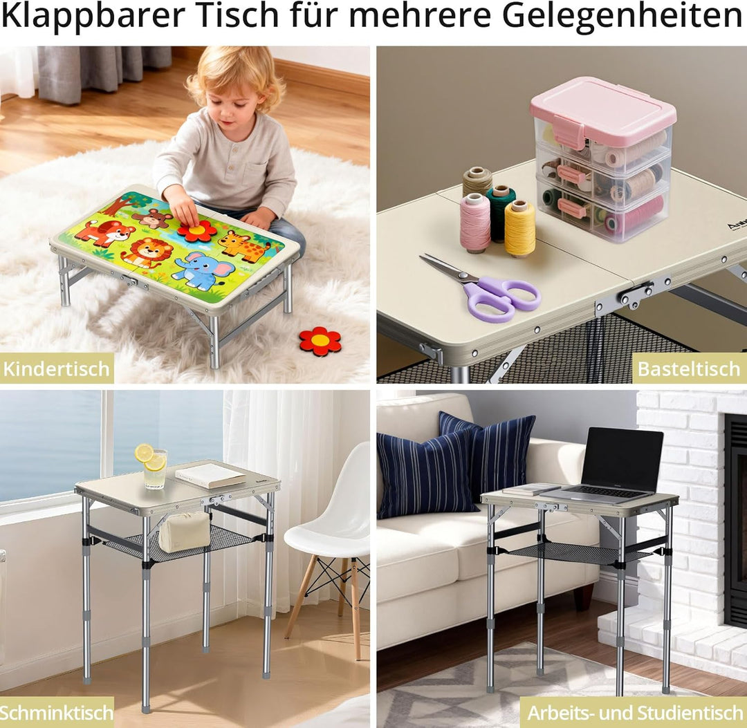 Anbte Campingtisch Klappbar 58x40cm Aluminium-Rahmen & Kunststoff-Tischplatte mit 3 Höhen Verstellba