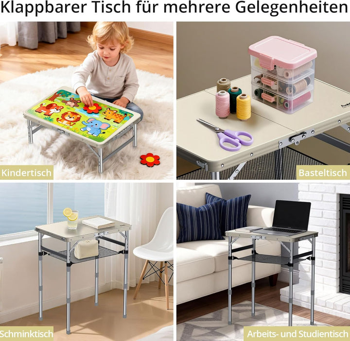 Anbte Campingtisch Klappbar 58x40cm Aluminium-Rahmen & Kunststoff-Tischplatte mit 3 Höhen Verstellba