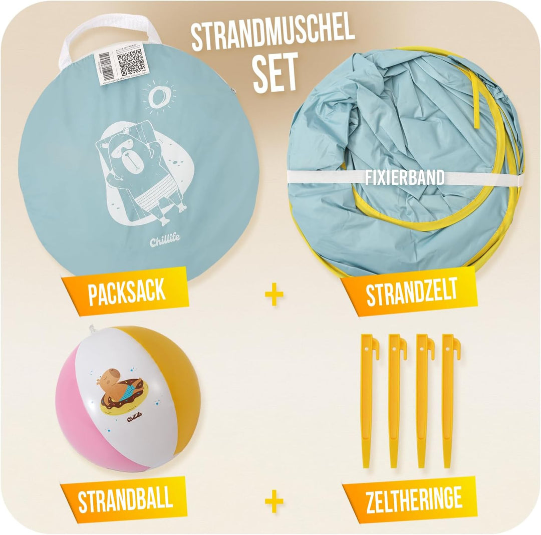 Chillife Strandmuschel Pop up Set I Tragbares Strandzelt mit UV Schutz und Windschutz Strand I Wasse