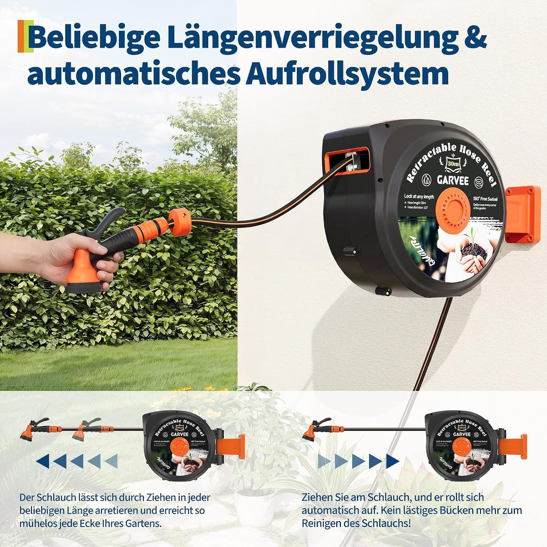 Gartenschlauch Aufroller,30M Wandschlauchbox,Automatische Schlauchtrommel 10 Einstellbare Schlauchau