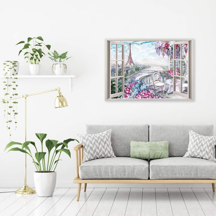 Leinwandbild XXL Paris Wandbild Kunst Fenster-Illusion Rosa 120x80 cm Leinwandbild 120x80 cm Rosa_b,