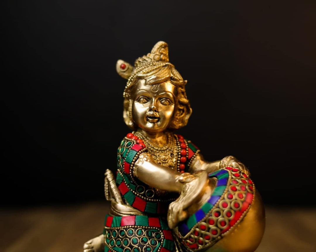 SHIVAJI ARTS Baby Krishna Ladu Gopal Statue, Messing, Steinarbeit, mehrfarbig, 19 cm, 1 Stück