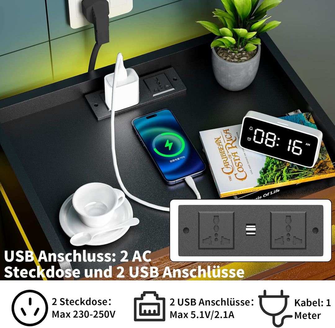 PIPIPOXER Nachttisch mit LED Beleuchtung, Beistelltisch in Schwarz mit Steckdose und Anschlüsse, Nac