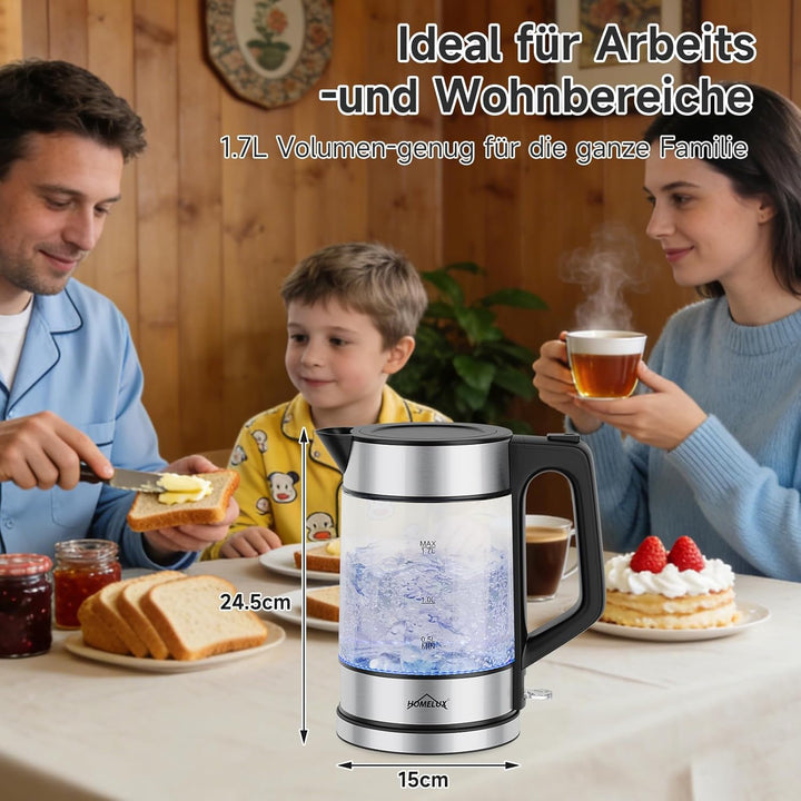 Wasserkocher Glas, 1. 7L Teekocher Elektrisch mit Skalenstrichen, 2200 Watt Wasserkocher Durchsichti