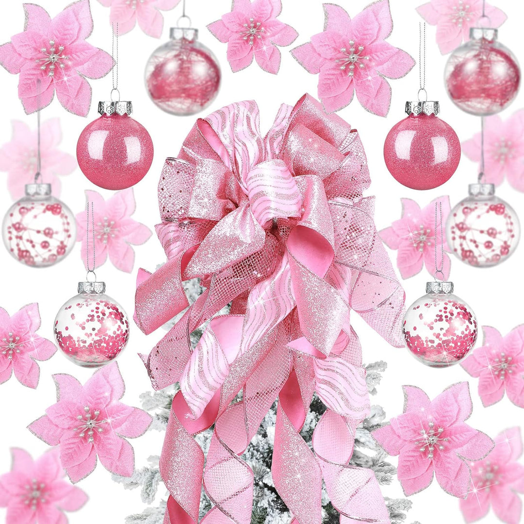 49 Stück Weihnachtsbaum Deko Set mit Weihnachtsbaumspitze 24 Stück Glitzer Weihnachten Blumen in 3 G