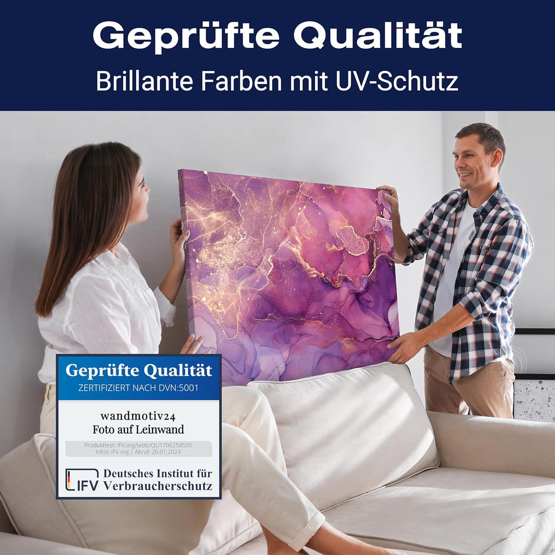 wandmotiv24 Leinwand-Bilder Natur-Steine, Grösse 60x45cm, Querformat, Lila Marmor mit Gold, Naturste