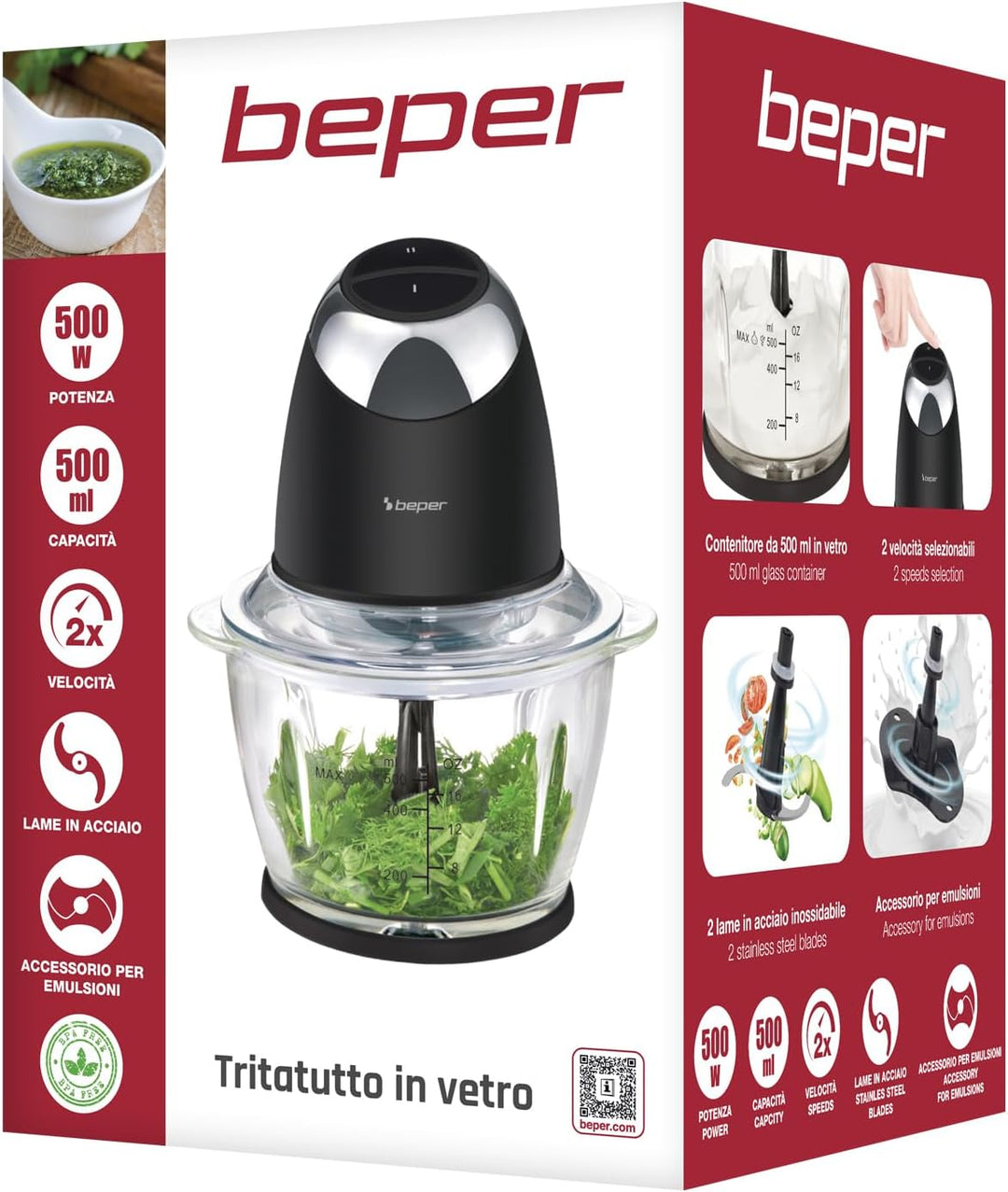 BEPER P102ROB003 Elektrischer Zerkleinerer mit 500-ml-Glasbehälter, Edelstahlklingen, 2 Geschwindigk