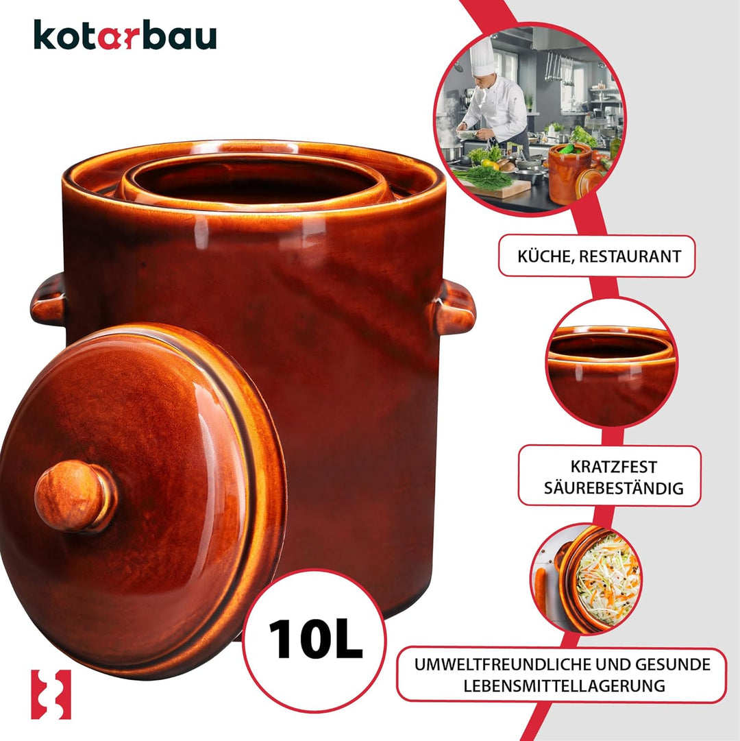 KOTARBAU® Gärtopf 10 L Braun Steinzeugtopf mit Hermetikdeckel Sauerkrauttopf Gurkentopf Einmachtopf
