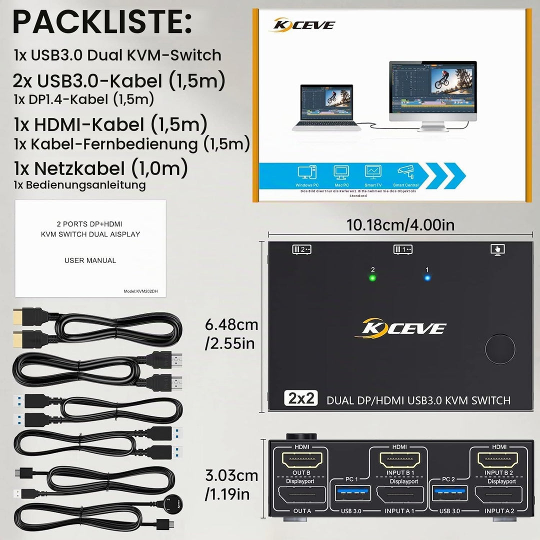 Dual Monitor KVM Switch Displayport HDMI, Camgeet KVM Switch 2 PC 2 Monitore, KVM Switches Displaypo