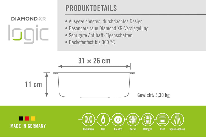 WOLL – Diamond Logic XR Bräter 31 x 26 cm mit 2 Griffen & abnehmbarem Stiel – Induktion Aluguss-Brät