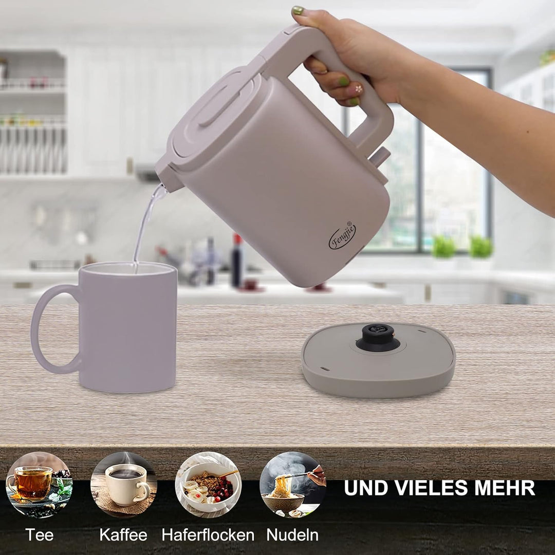 FENGJIE 0,8l Edelstahl Wasserkocher Camping Reisewasserkocher 1360W Kabellos Doppelwand-Design Teeke
