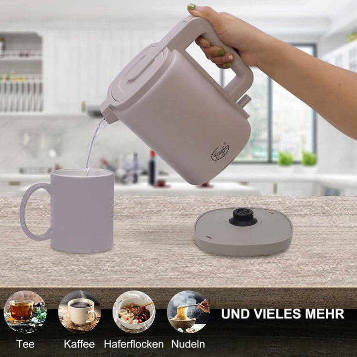 FENGJIE 0,8l Edelstahl Wasserkocher Camping Reisewasserkocher 1360W Kabellos Doppelwand-Design Teeke