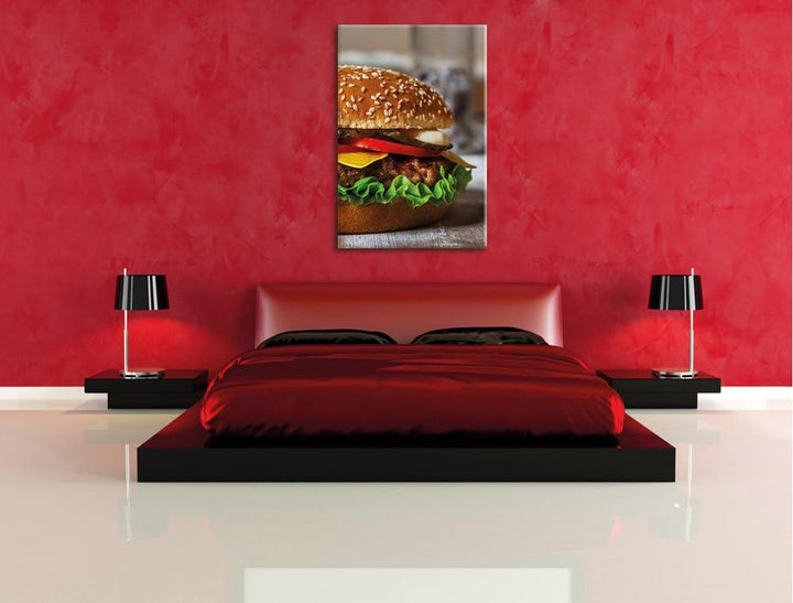 Pixxprint Burger Hamburger Cheesburger Käse Fast Food, Format: 100x70 auf Leinwand, XXL riesige Bild